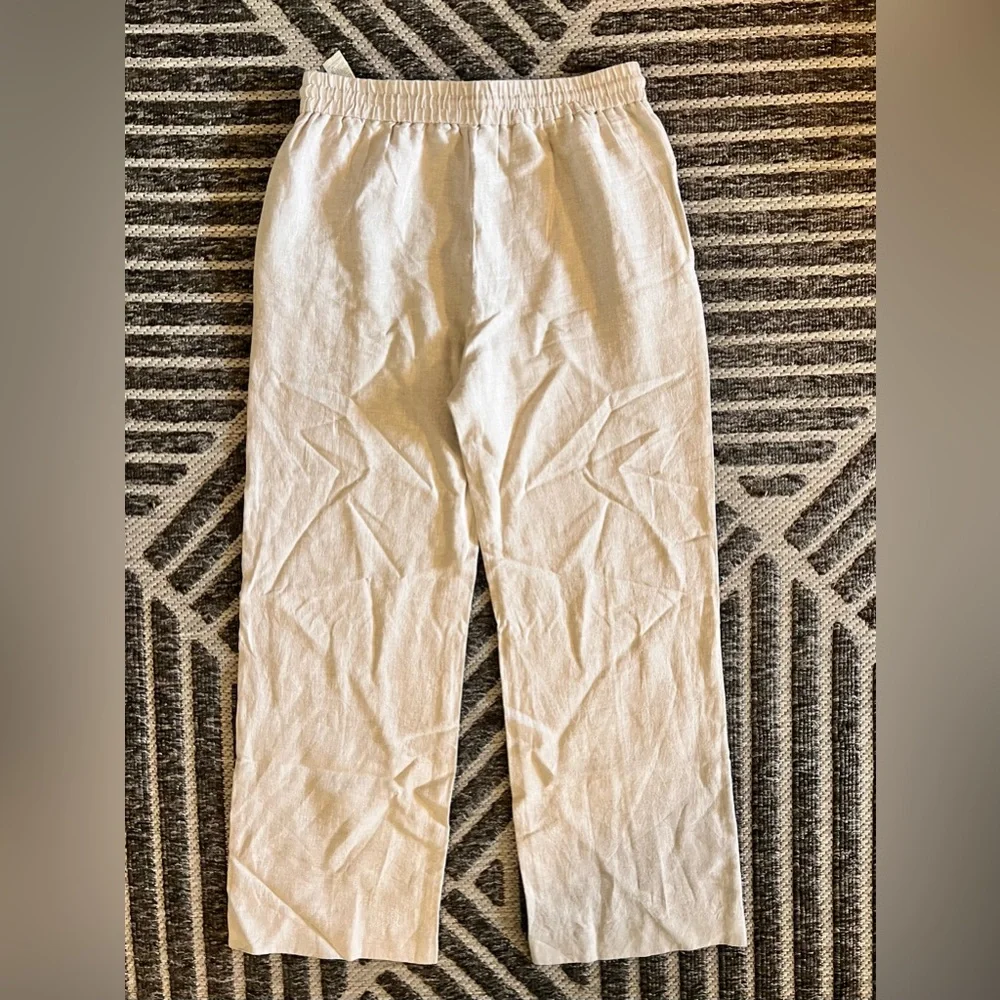 ZARA Medium Neutral 100% Linen Wide-leg Drawstring Lounge Beach Vacation Pants